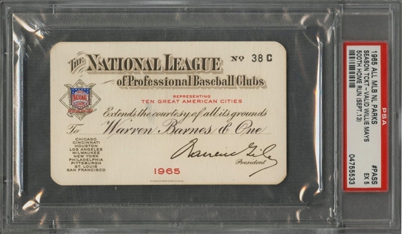 1965 National League Pass To All Parks - Valid Willie Mays Career Home Run 500 On 9/13/65 (PSA/DNA EX 5)